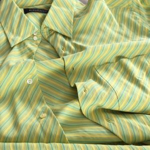 Men’s Lg Tall button up EUC yellow w green stripes